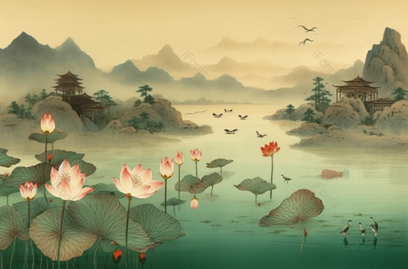 池塘里的荷花水墨画背景,插画/手绘图,插画/手绘图库,插画/手绘图下载,插画/手绘